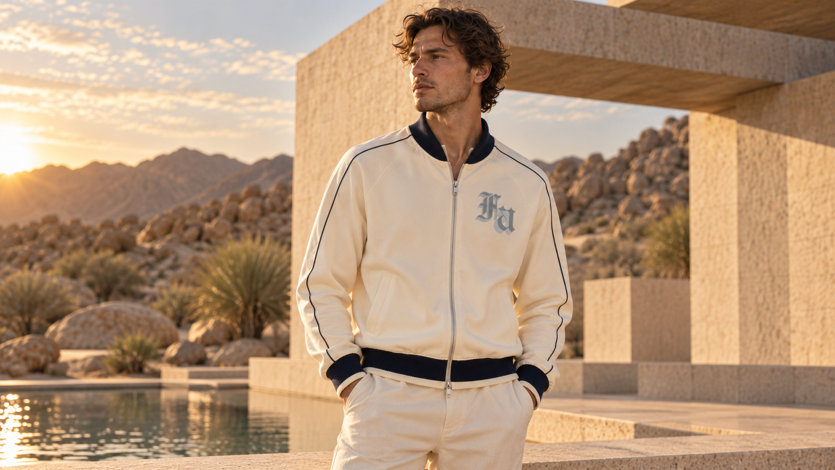 Alexander Ancher man wearing the Mild Apricot AA Track Jacket