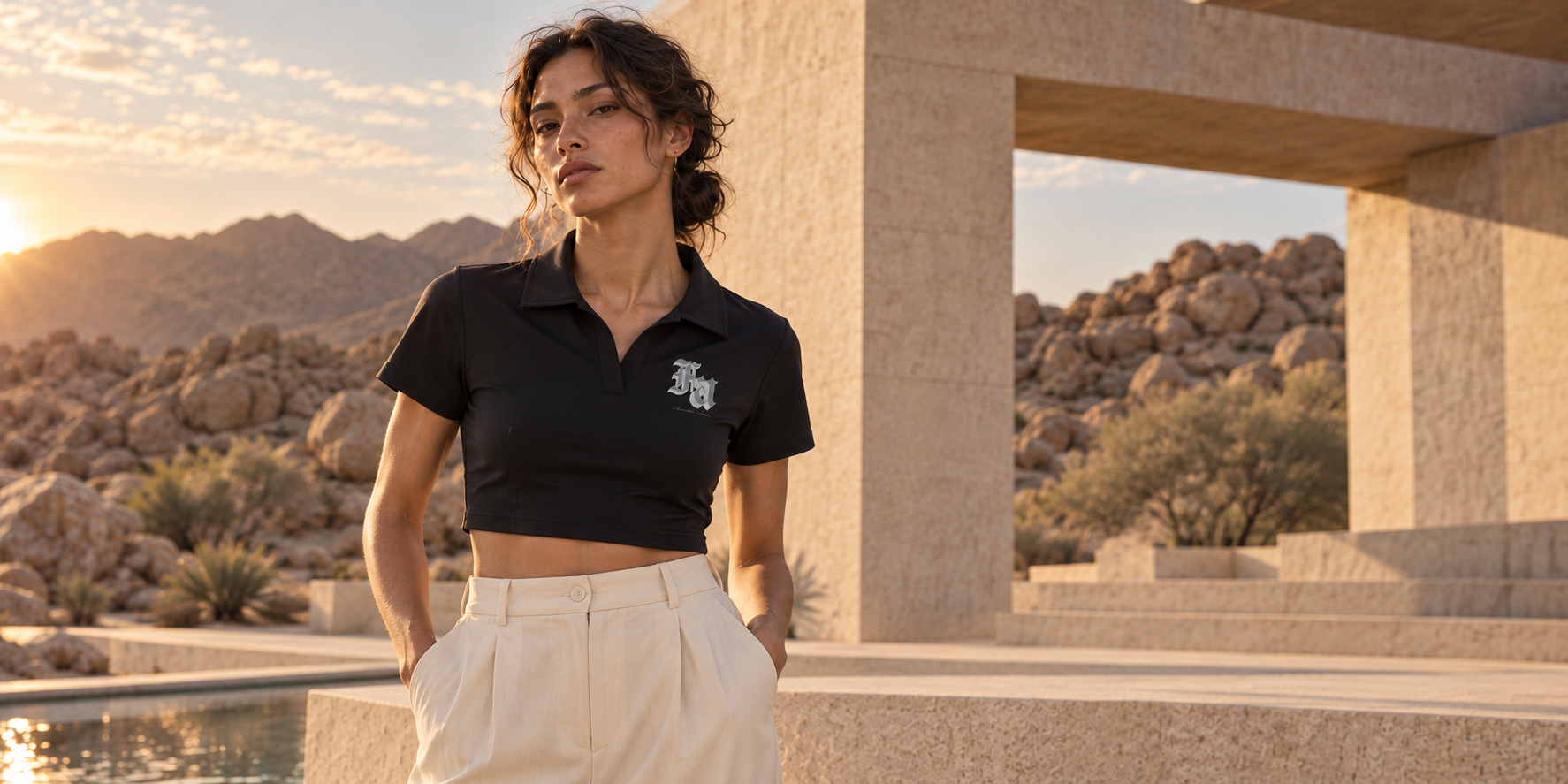 Alexander Ancher woman wearing the black V-Neck Lapel Crop Top